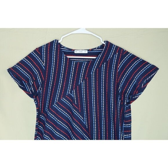 ACOS&A Short Sleeve Blouse Navy Red Striped Geometric Stitch Fix Women's Large - Picture 2 of 8